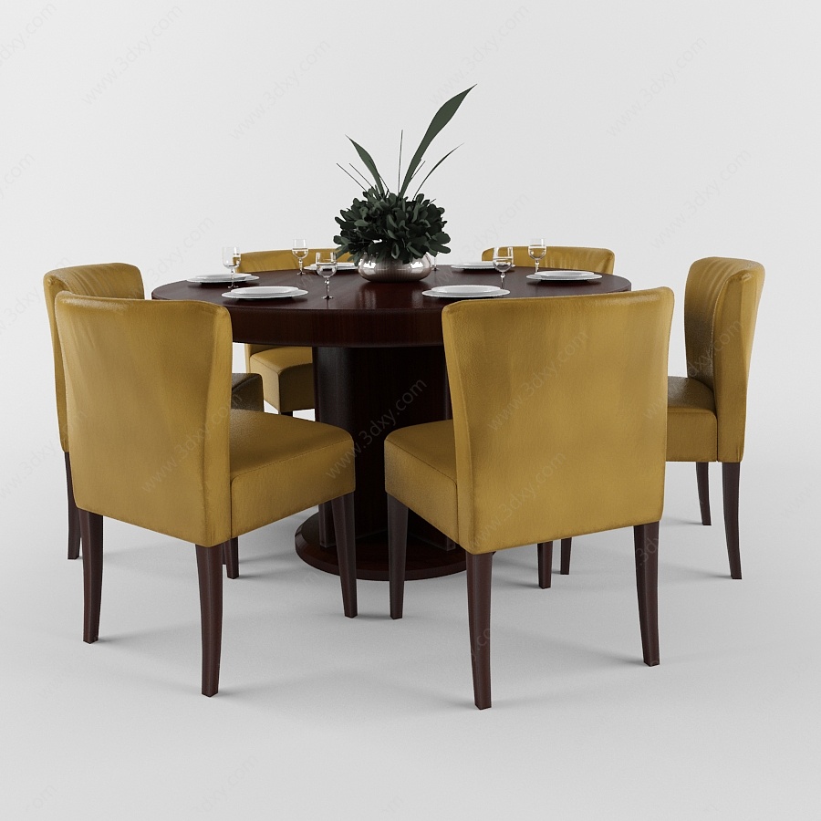 中式餐厅实木餐桌椅组合3D模型