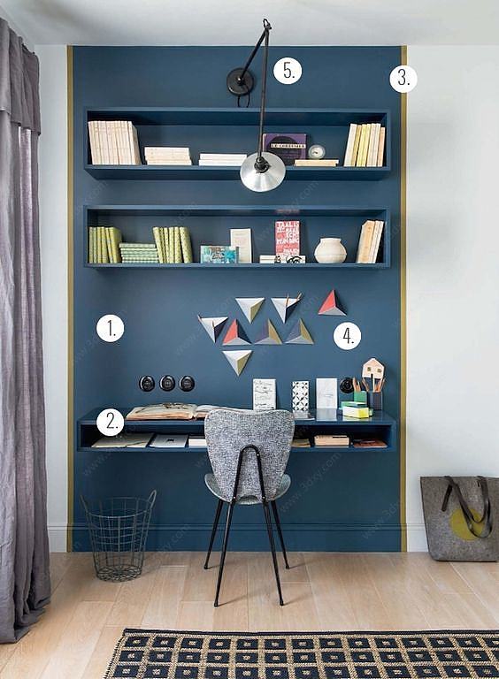 时尚靛蓝色连体书柜书桌3D模型