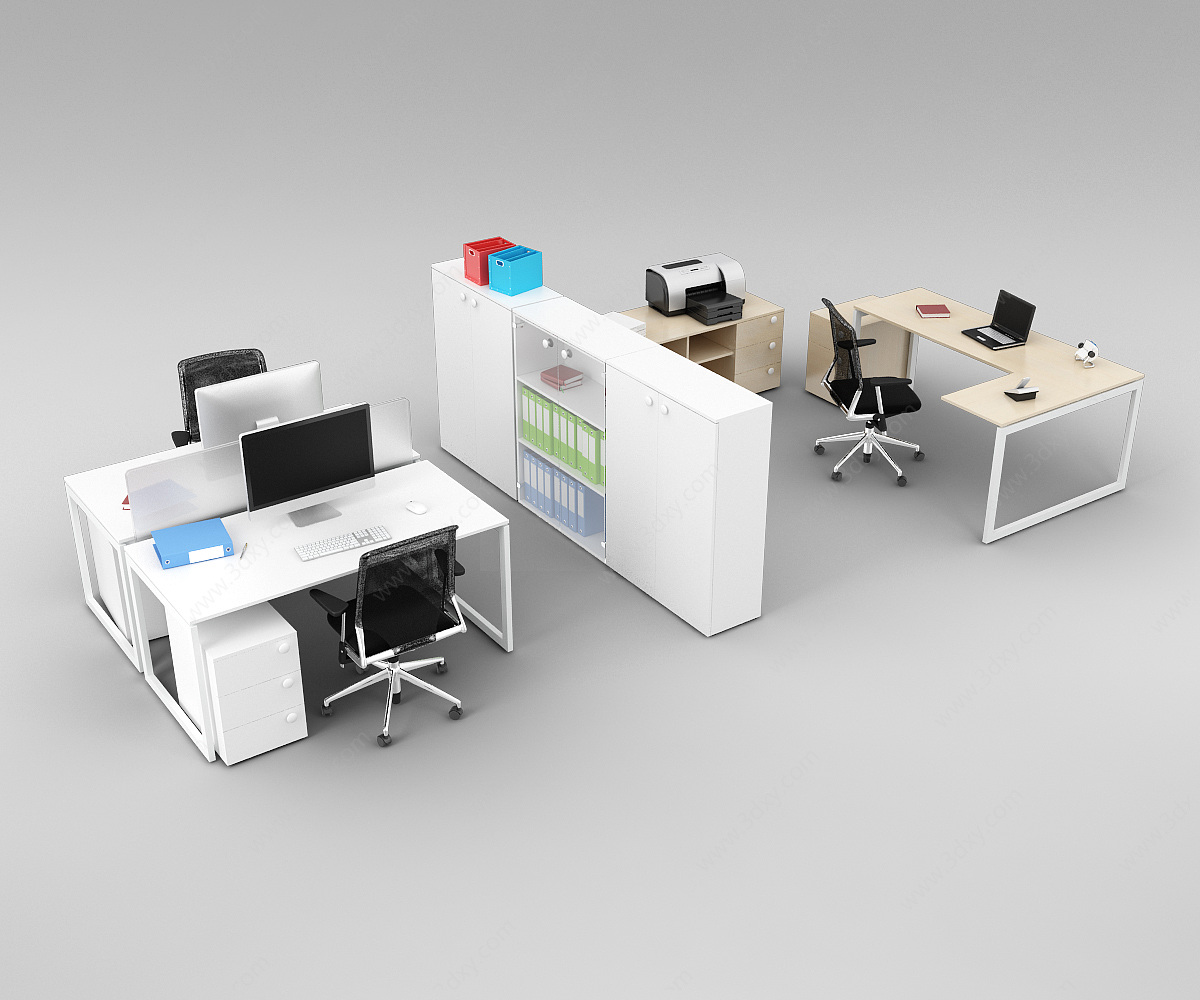 现代办公室经典桌椅家具组合3D模型