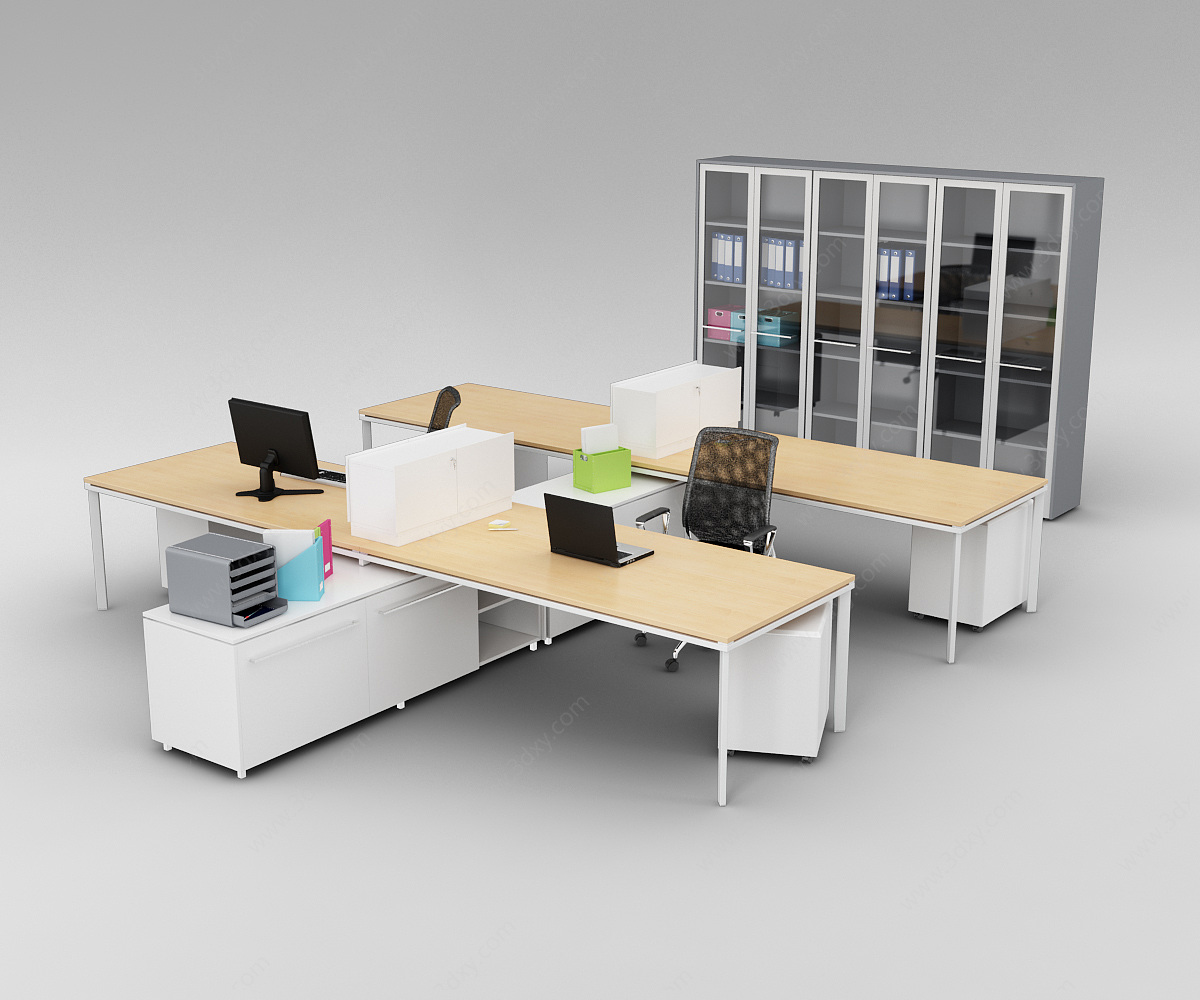 现代办公室桌椅储物柜组合3D模型