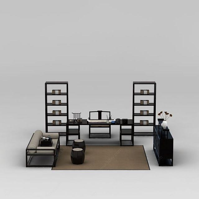 新中式书房桌椅家具组合3D模型