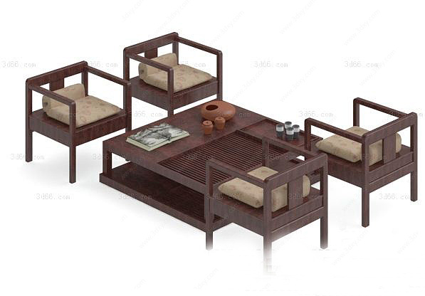 中式传统实木椅子茶几组合3D模型