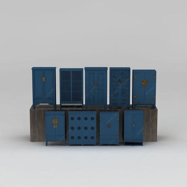 中式实木蓝色衣柜3D模型