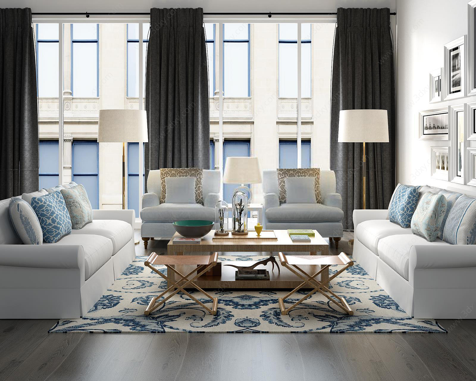 现代客厅浅蓝色沙发茶几组合3D模型