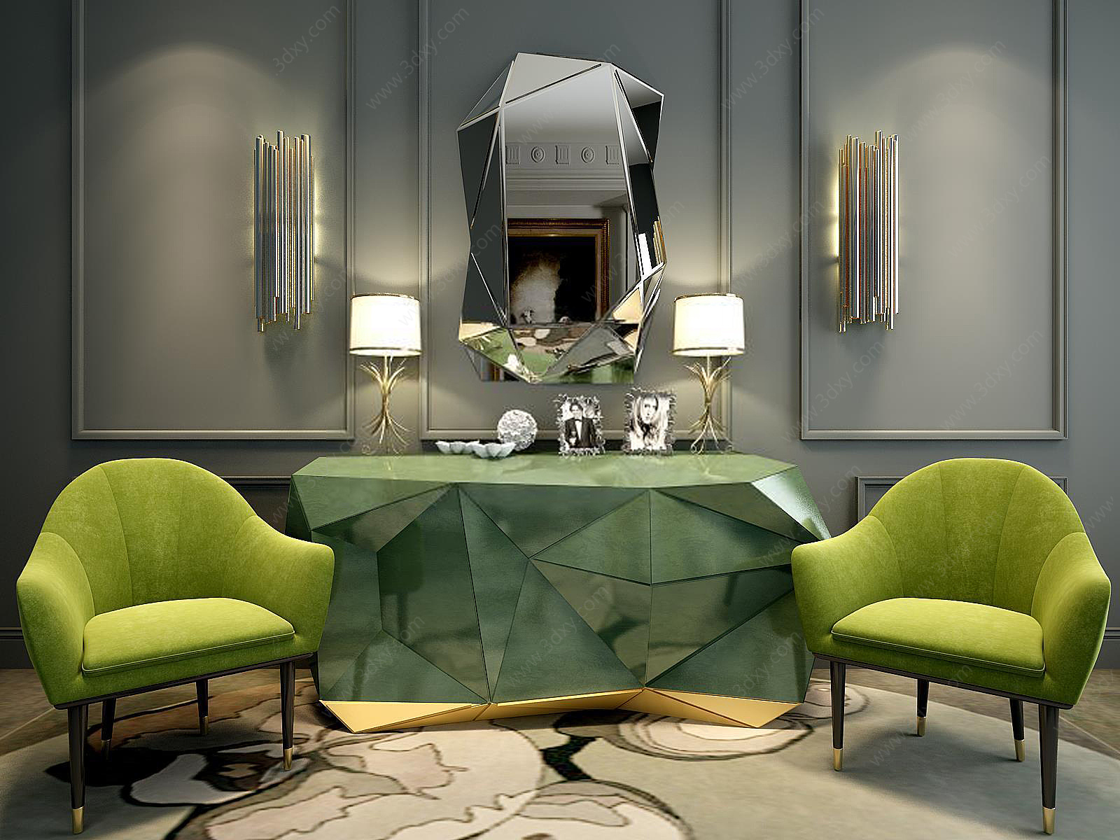 现代时尚草绿色桌椅组合3D模型