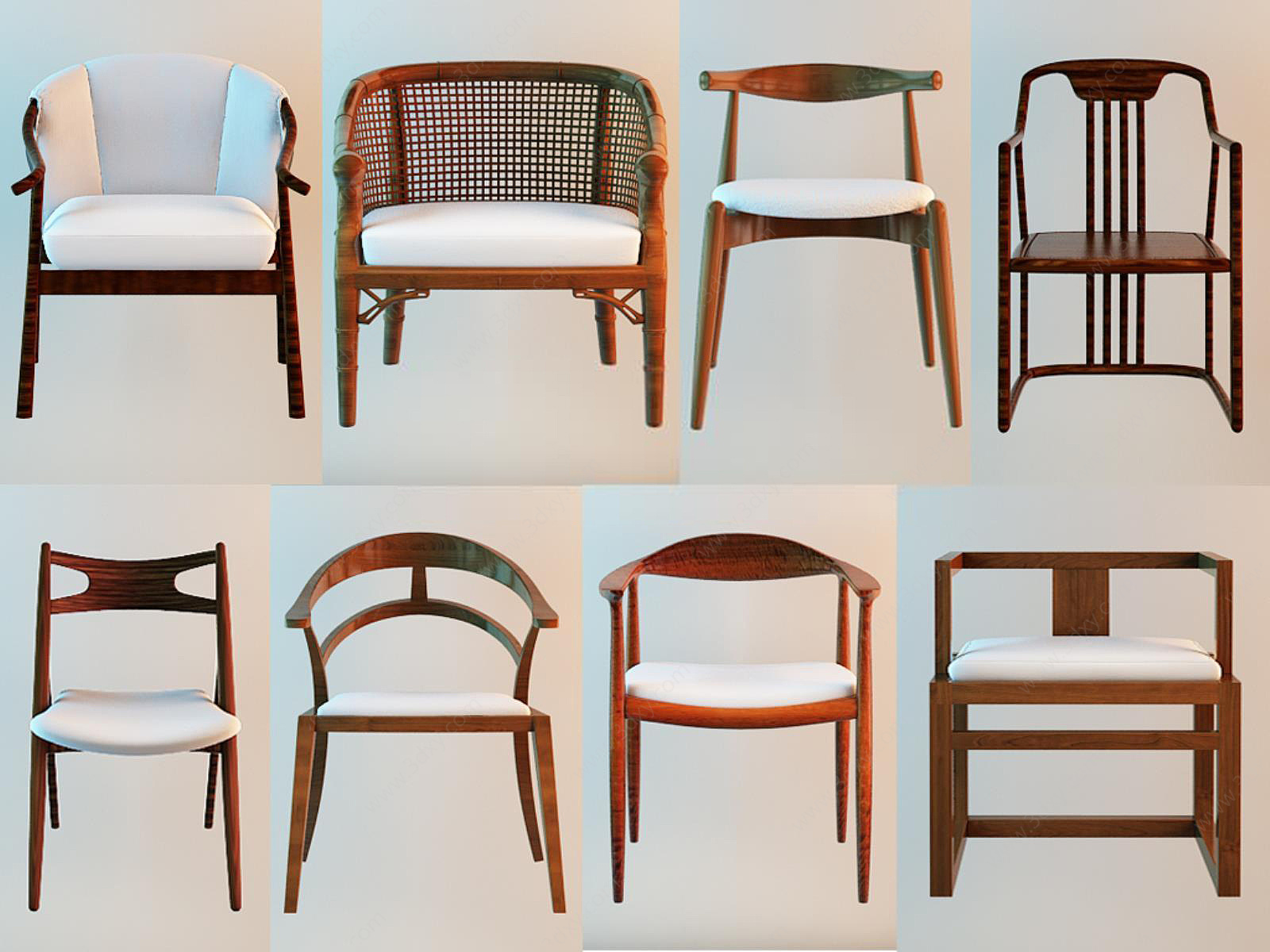 现代简约实木椅子组合3D模型