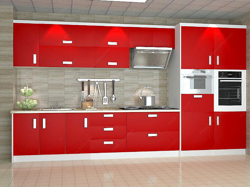 时尚厨房红白拼色橱柜组合3D模型