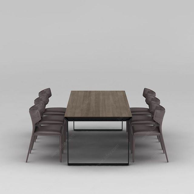 北欧咖啡色实木餐桌椅组合3D模型