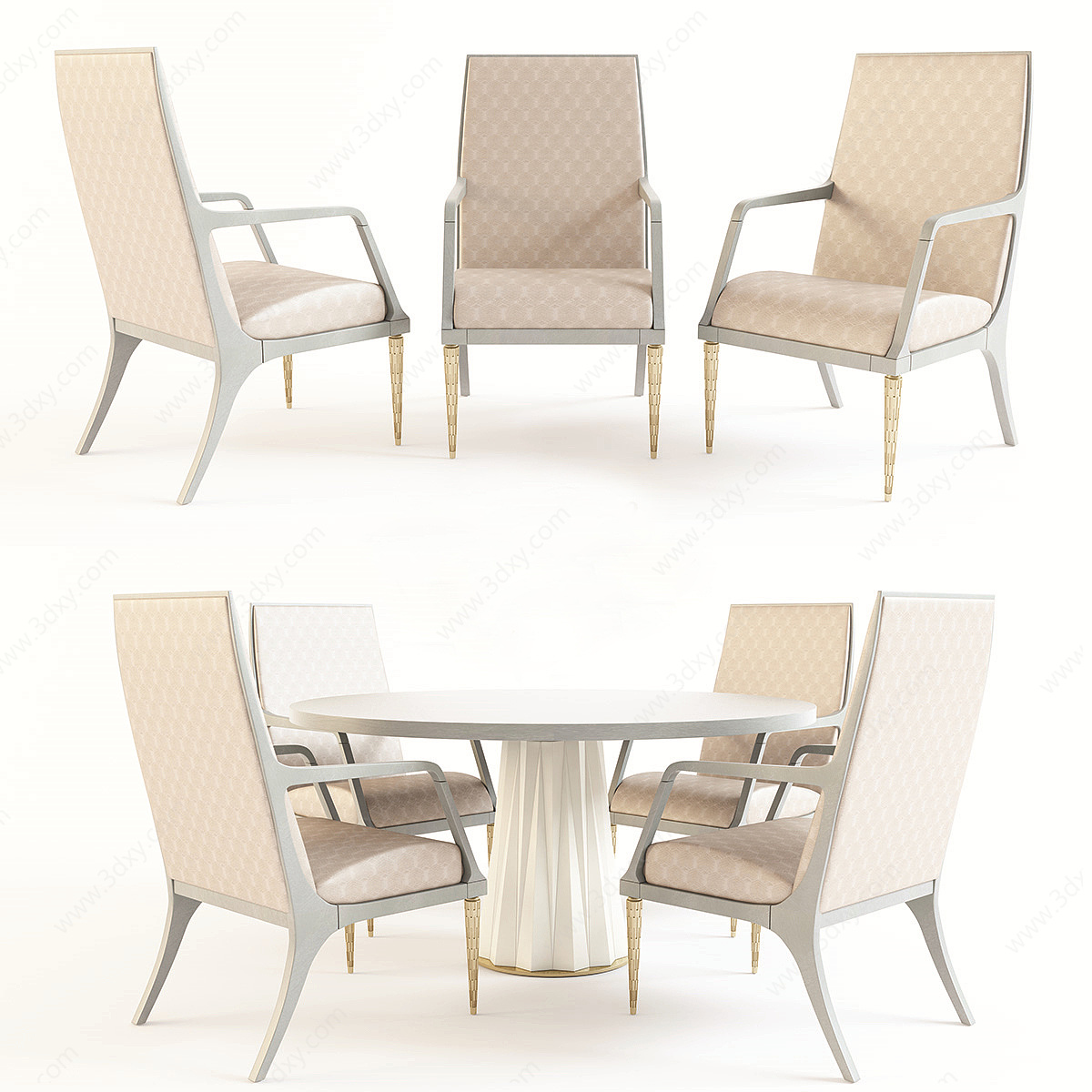 简欧餐厅圆形桌椅组合3D模型