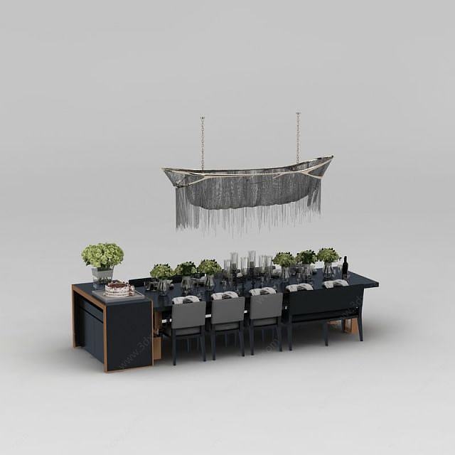 西式宴会餐桌椅吊灯组合3D模型