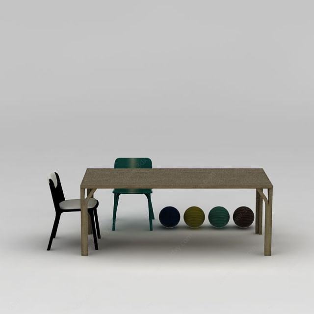 中式简约原木餐桌椅组合3D模型