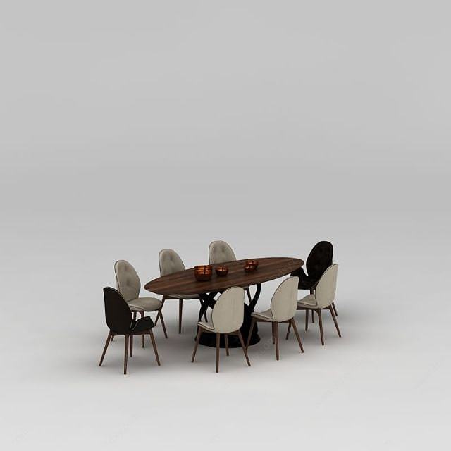 北欧八人座实木餐桌椅3D模型