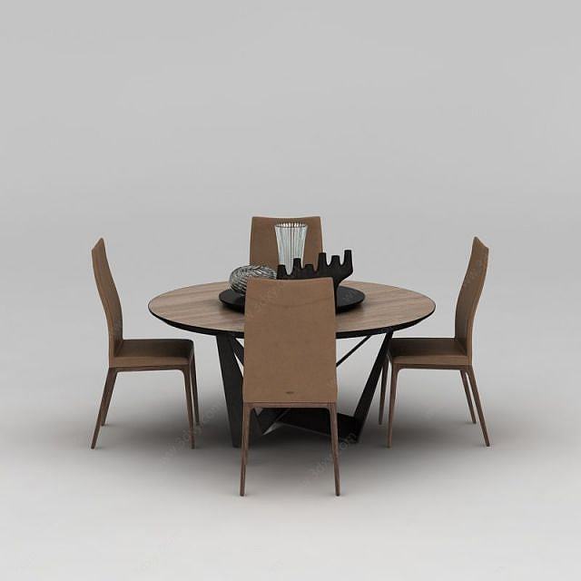 中式实木圆形餐桌椅3D模型