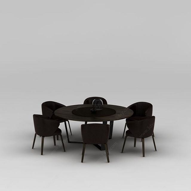 餐厅实木圆形餐桌餐椅3D模型