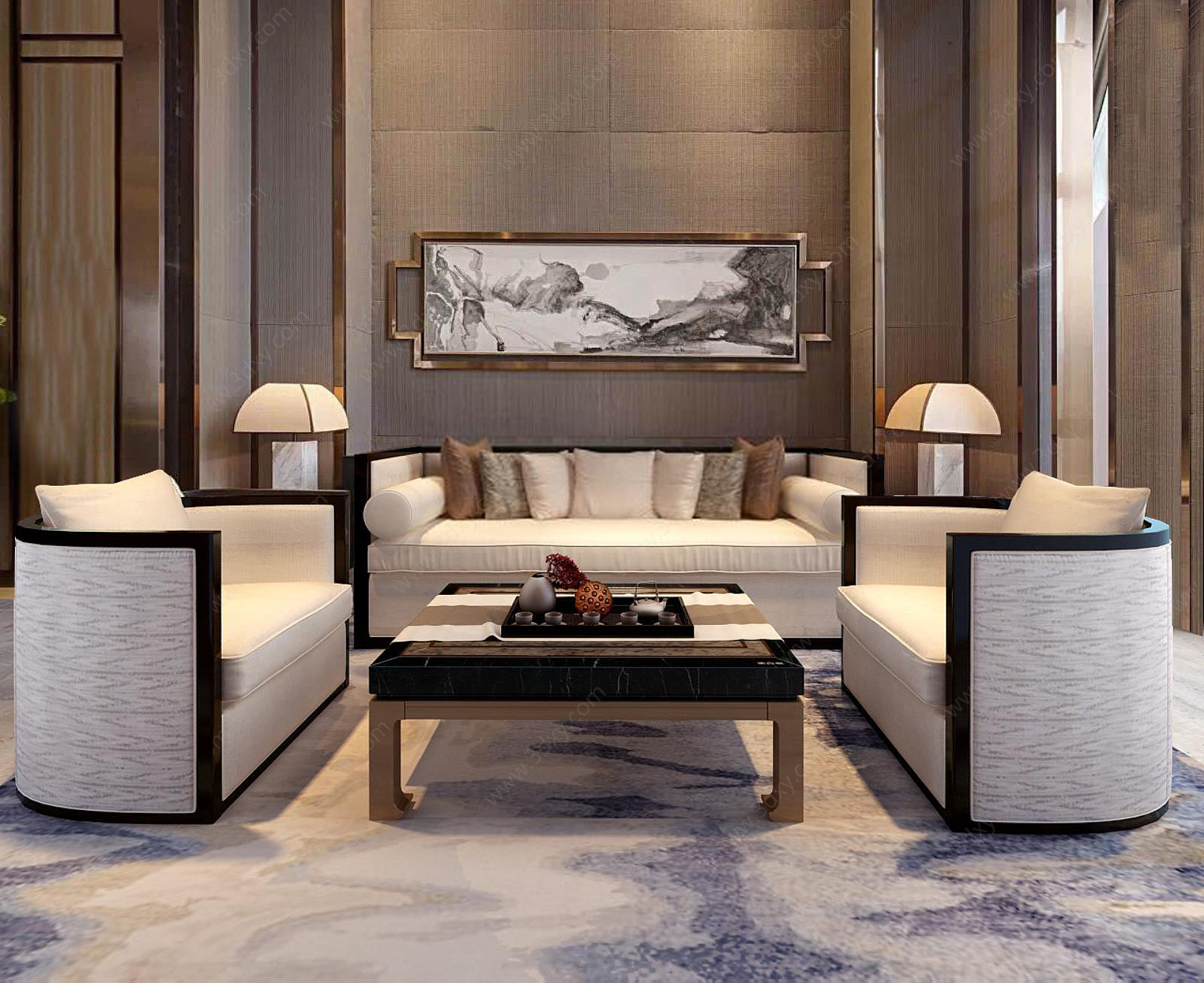 现代白色客厅沙发茶几3D模型
