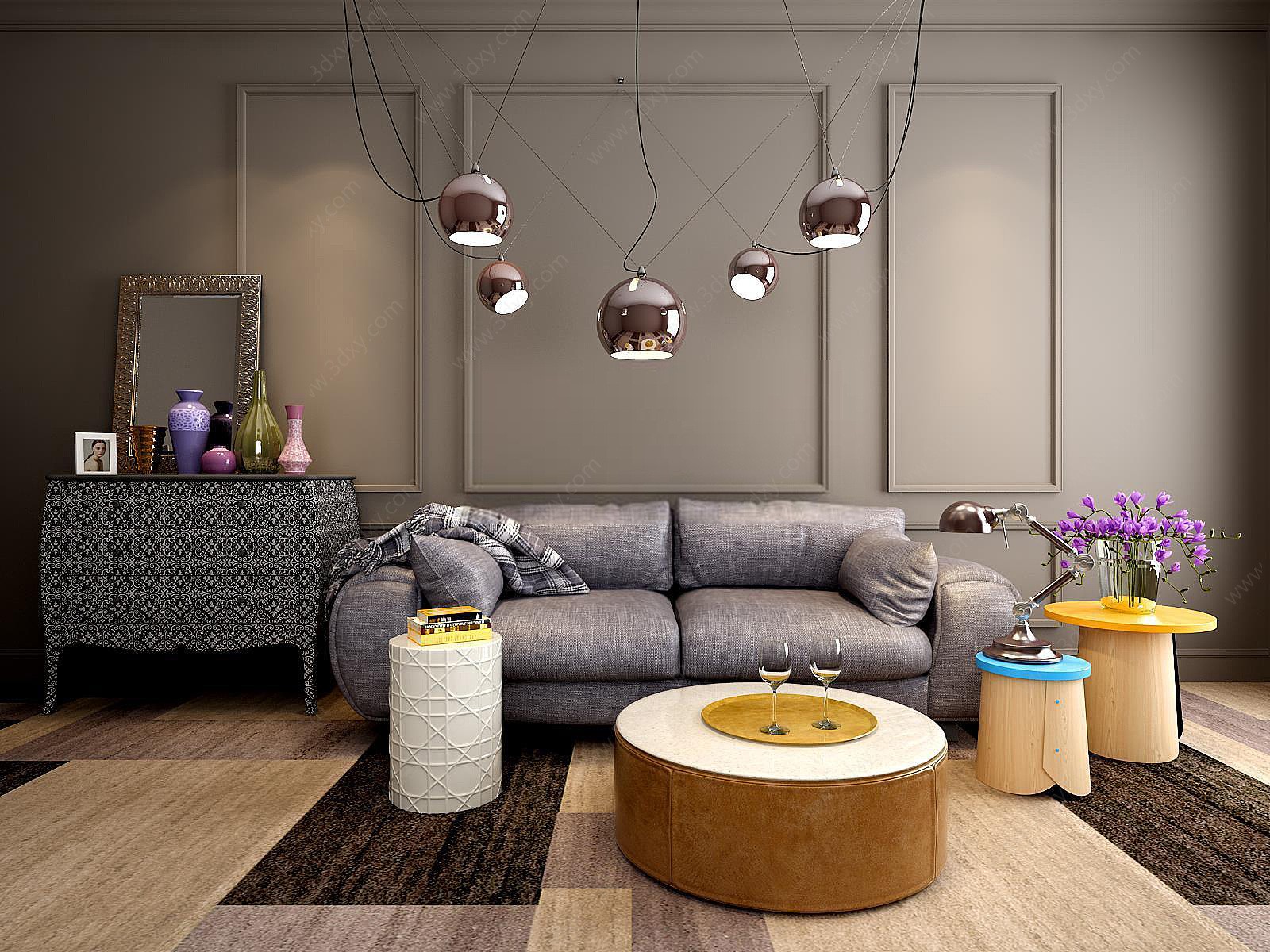 灰色休闲沙发茶几吊灯组合3D模型