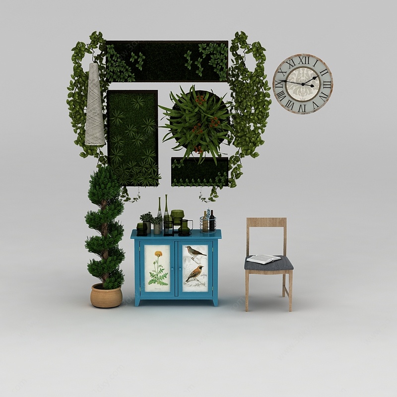 椅子餐边柜绿植装饰品组合3D模型
