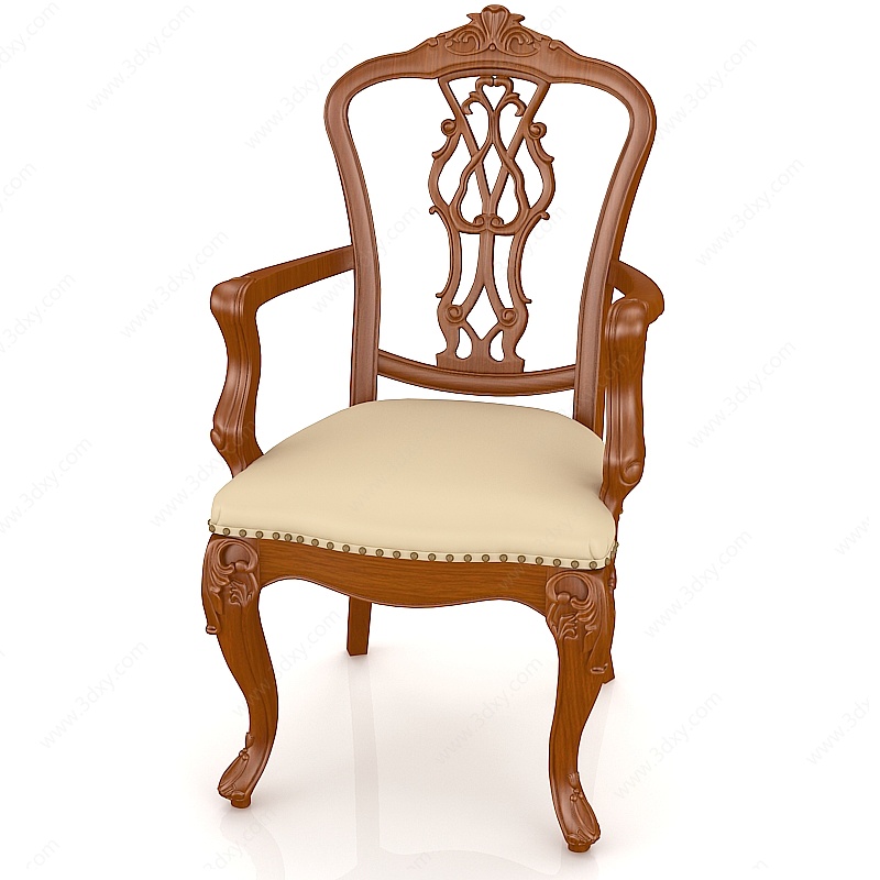 雕花实木扶手餐椅3D模型