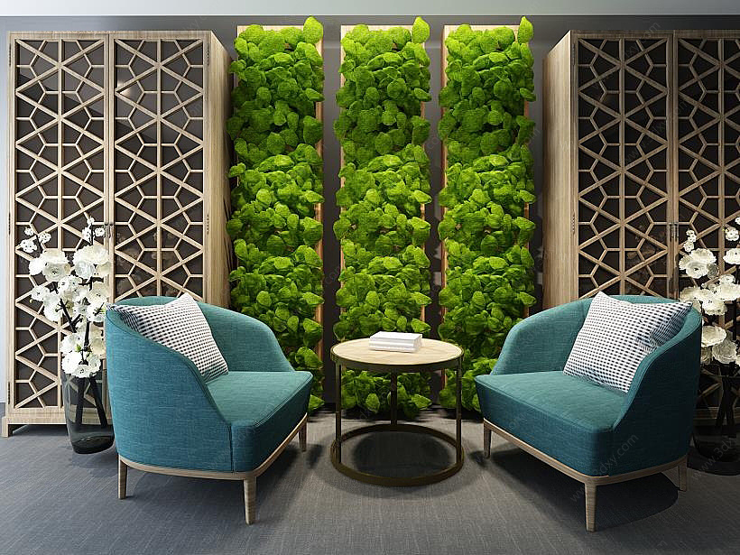 客厅植物墙沙发椅茶几组合3D模型