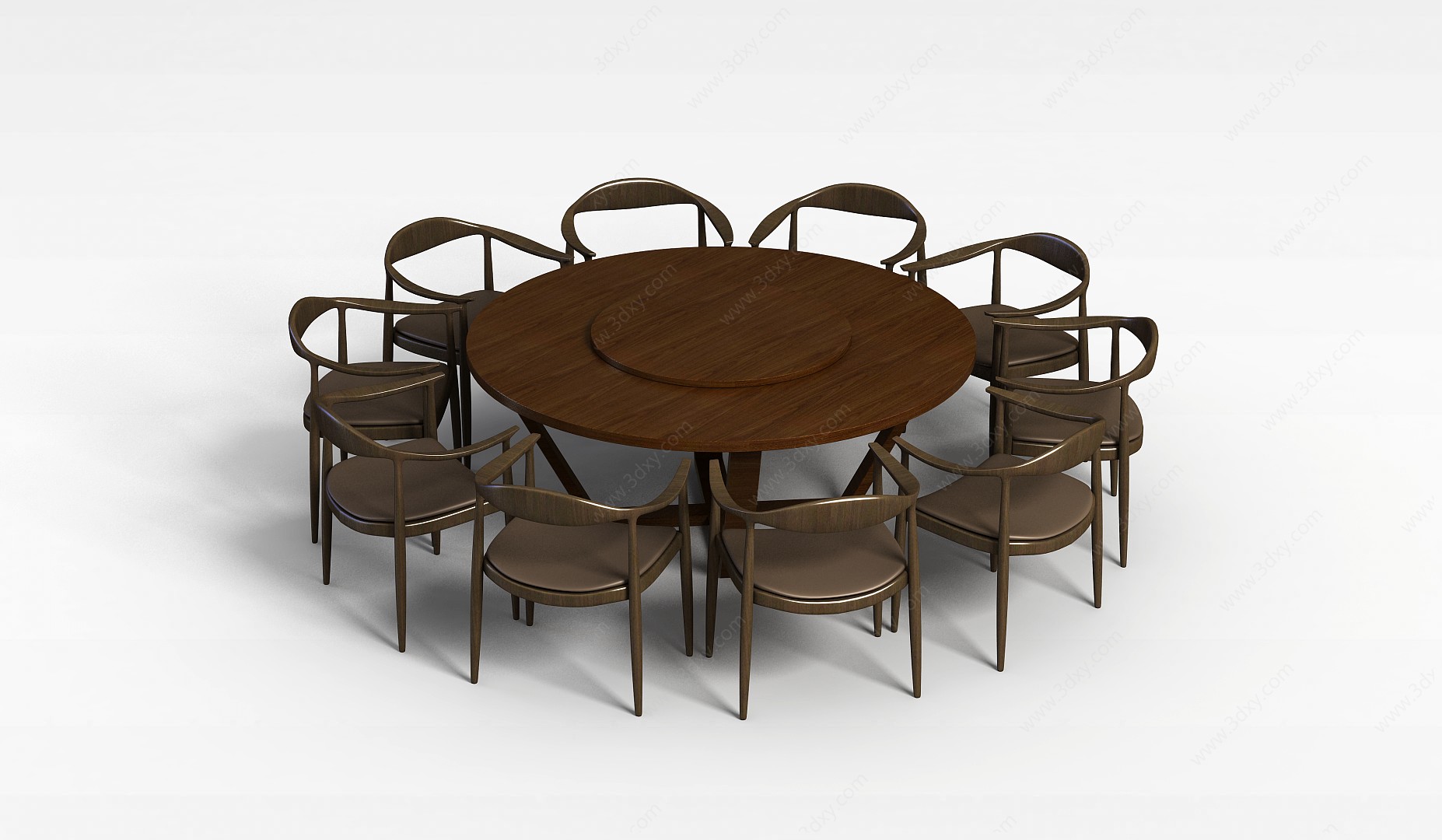 咖啡色多人圆形餐桌椅3D模型
