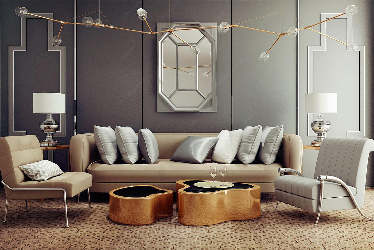 现代客厅沙发吊灯组合3D模型