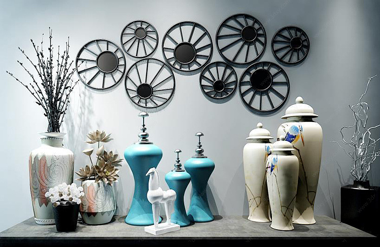 中式陶瓷花瓶摆件墙饰组合3D模型