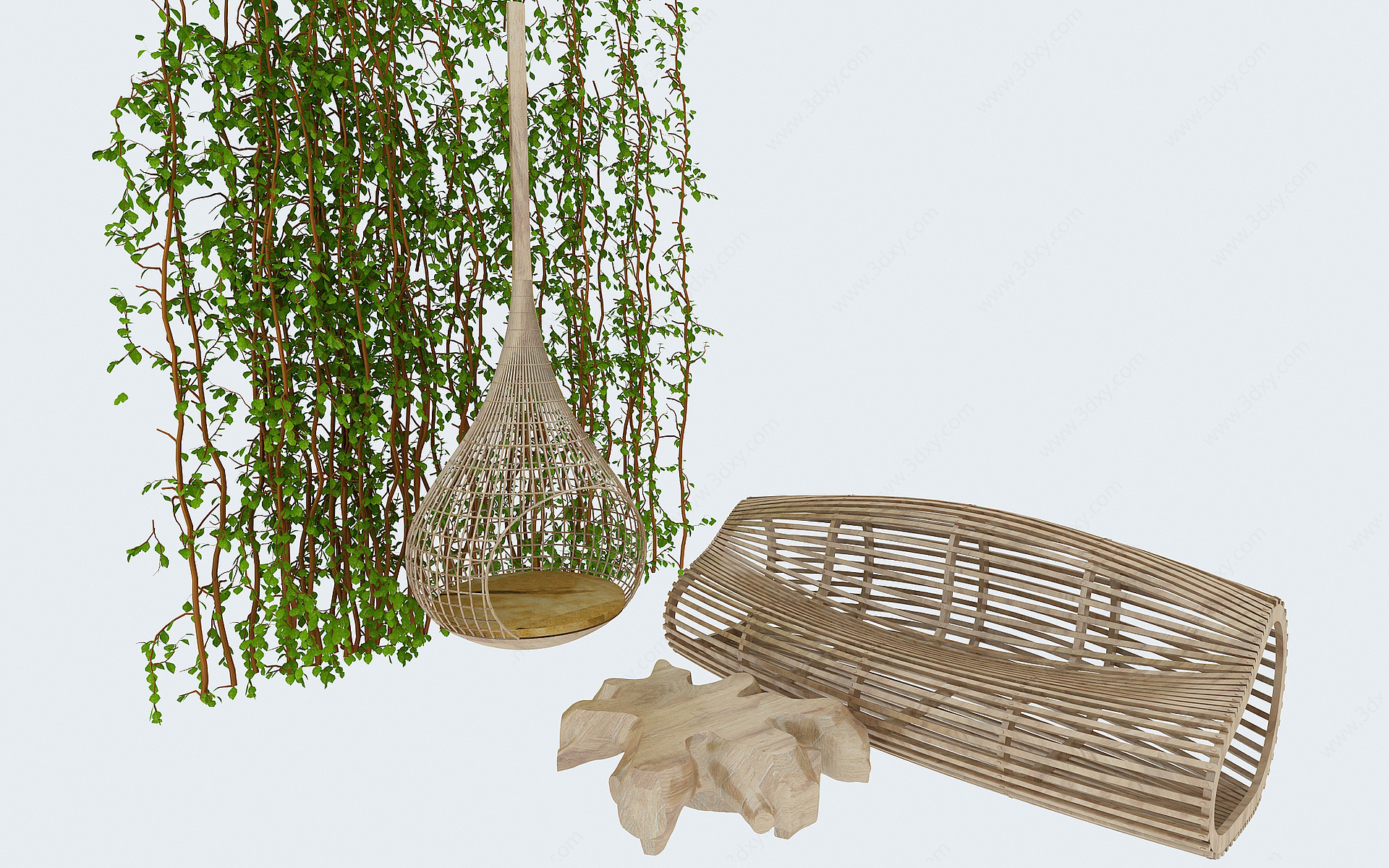 田园藤艺吊椅创意木椅组合3D模型
