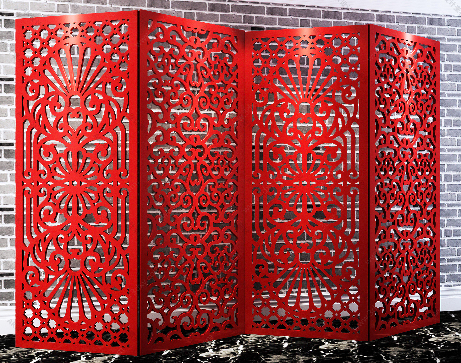 中式红色镂花屏风3D模型