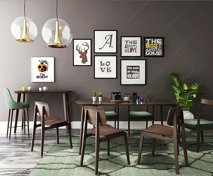 北欧咖啡色桌椅挂画墙组合3D模型