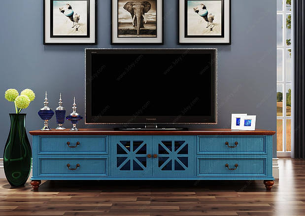 复古蓝色电视柜3D模型