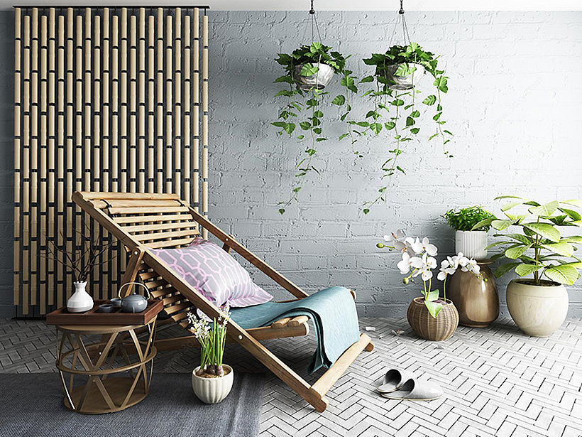 阳台躺椅植物盆栽组合3D模型