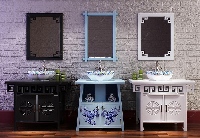 新中式浴室柜洗手盆3D模型