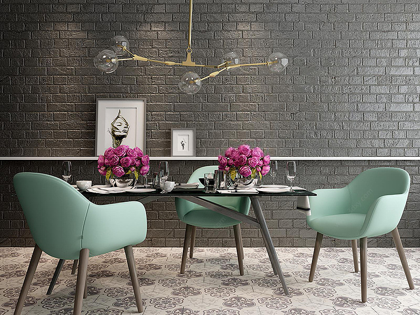 现代奢华餐桌餐椅吊灯组合3D模型
