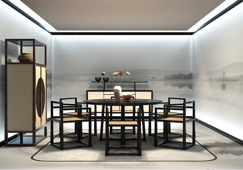 新中式餐桌椅餐边柜组合3D模型