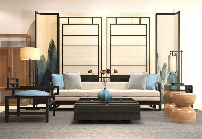 新中式沙发茶几莲子饰品组合3D模型