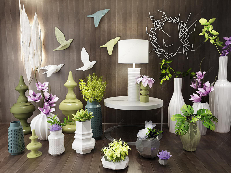 小鸟墙饰花艺植物组合3D模型