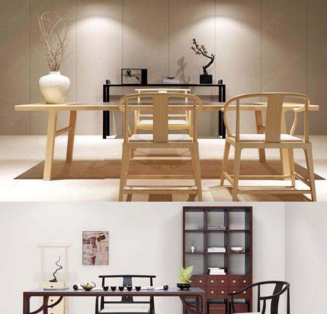 新中式桌椅饰品摆件组合3D模型