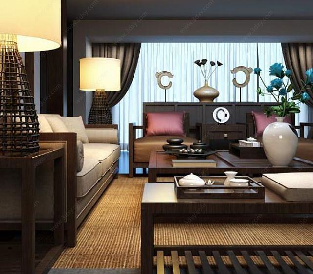 新中式沙发茶几饰品组合3D模型