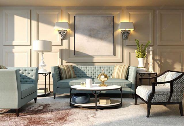 现代美式客厅沙发椅子组合3D模型