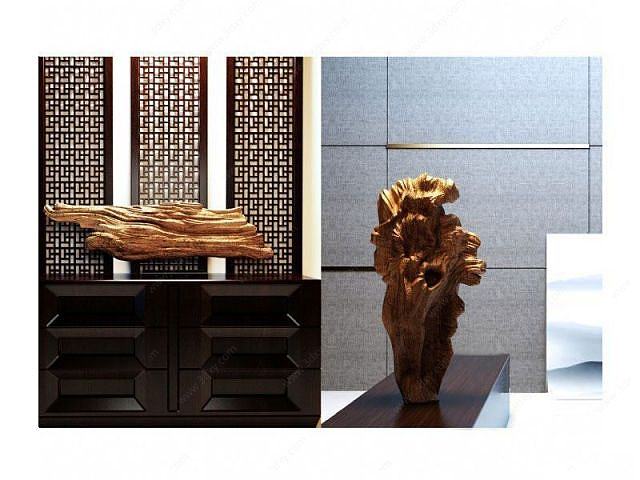 中式柜子朽木根雕摆件组合3D模型