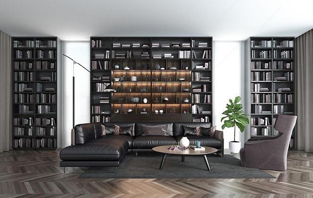 休闲真皮拐角沙发大型书架组合3D模型