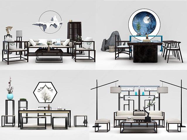 新中式沙发榻茶几桌椅组合3D模型