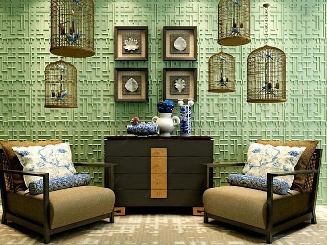鸟笼文化墙沙发柜子组合3D模型