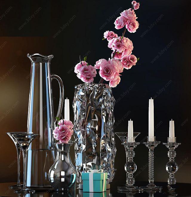 玻璃花瓶烛台插花摆件组合3D模型