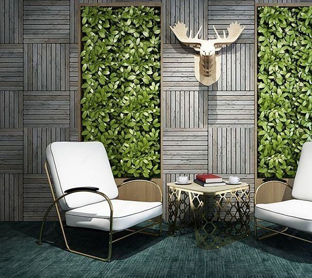 休闲椅茶几植物墙组合3D模型