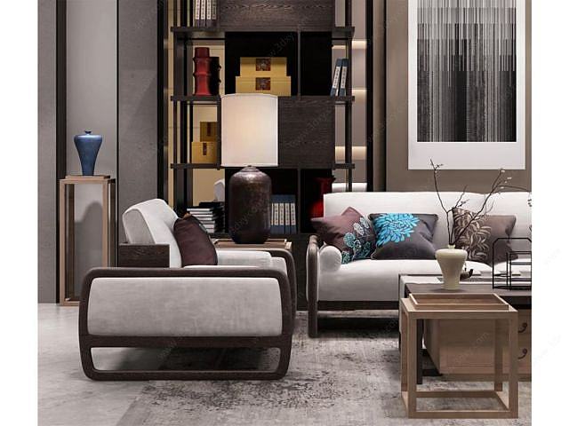 新中式沙发椅子装饰品组合3D模型