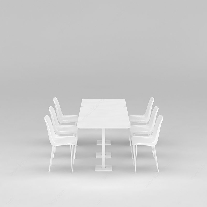 食堂白色6人餐桌椅3D模型