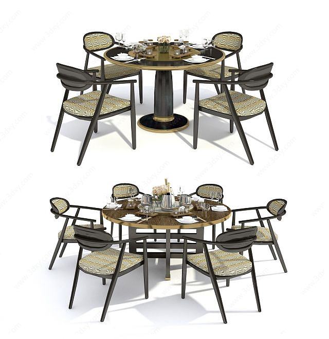 新中式餐桌椅餐具组合3D模型