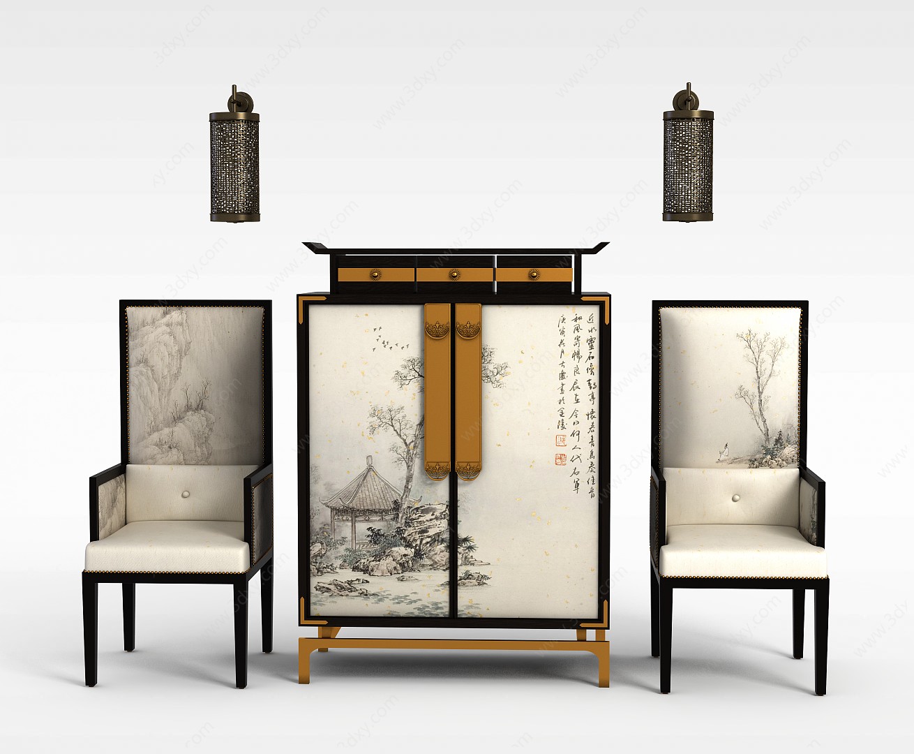 中式古典椅子边柜组合3D模型