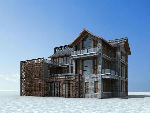 现代中式别墅3D模型